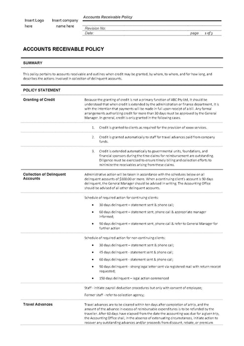 Accounts Receivable Policy Accounts Receivable Policy