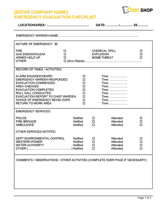 Emergency Evacuation Checklist Emergency Evacuation Checklist