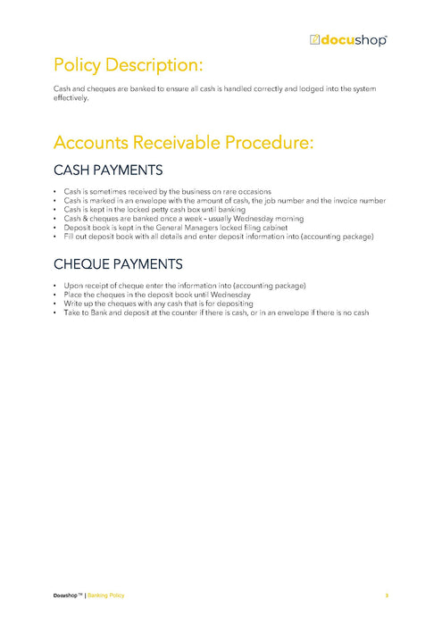 Cash & Cheques Banking Policy Cash & Cheques Banking Policy