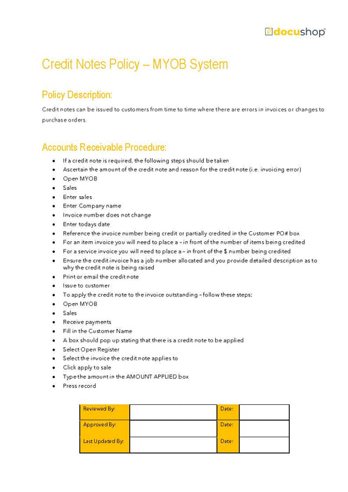 Credit Notes Policy MYOB Credit Notes Policy MYOB