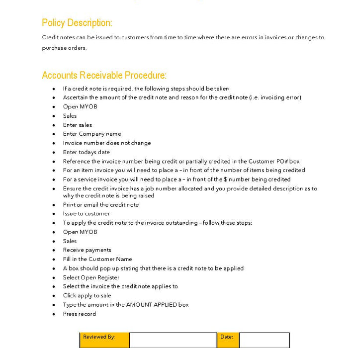 Credit Notes Policy MYOB Credit Notes Policy MYOB