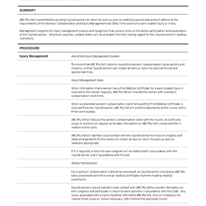 Injury Management Policy Injury Management Policy