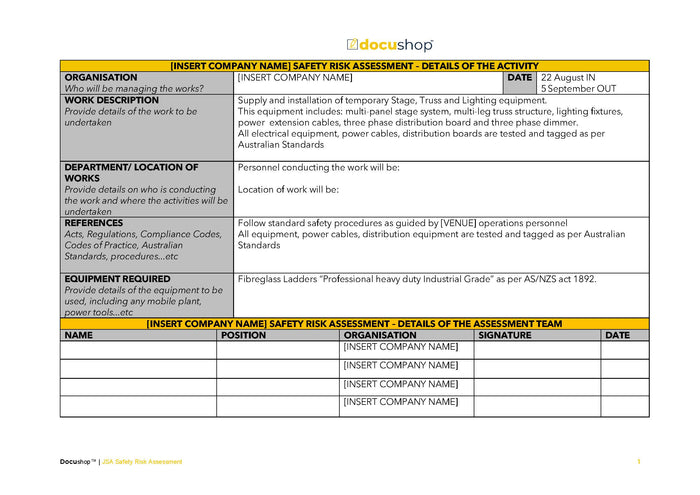 JSA Safety Risk Assessment Template JSA Safety Risk Assessment Template