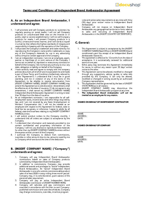 Independent Brand Ambassador Agreement Template Independent Brand Ambassador Agreement Template