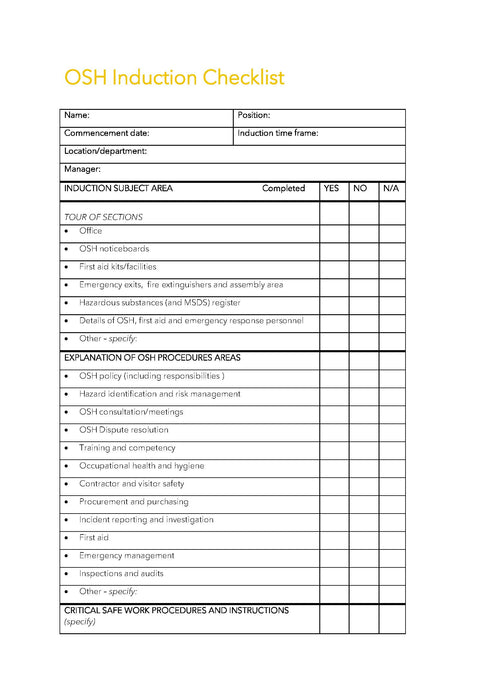 OSH Induction Checklist Template OSH Induction Checklist Template