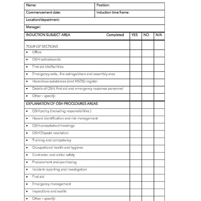 OSH Induction Checklist Template OSH Induction Checklist Template