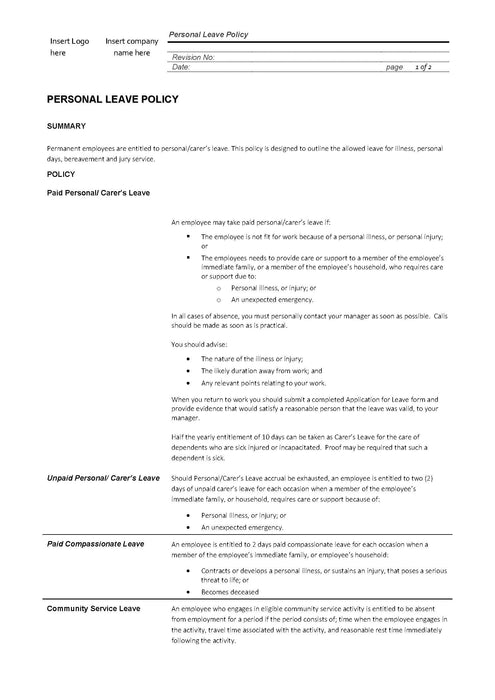 Personal Leave Policy Personal Leave Policy
