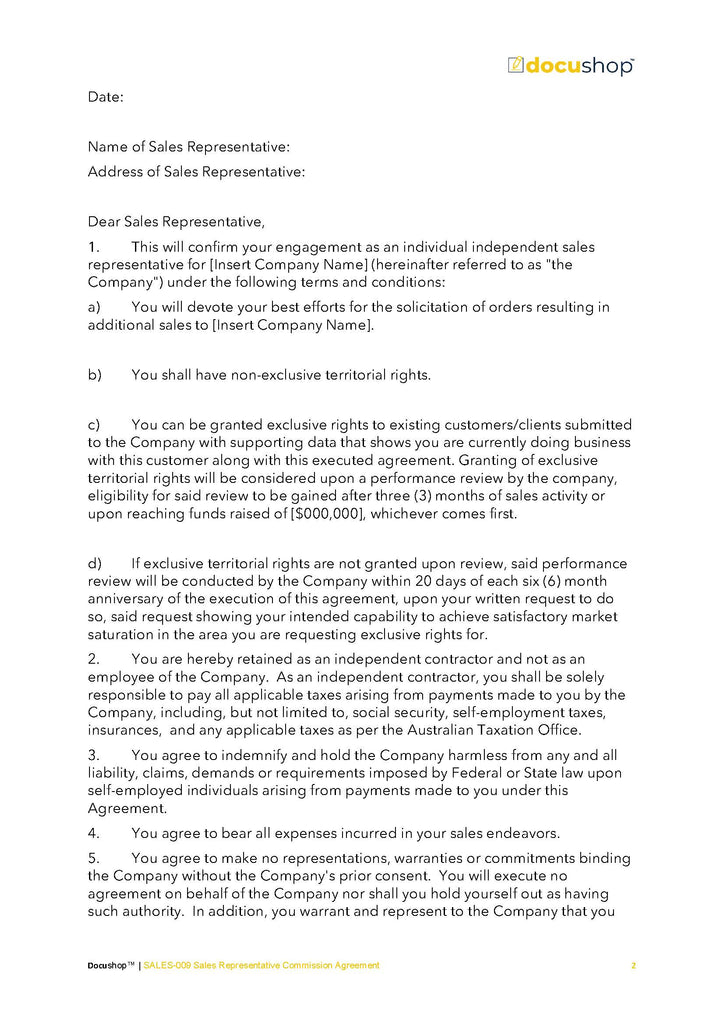 Sales Representative Commission Agreement Editable Template