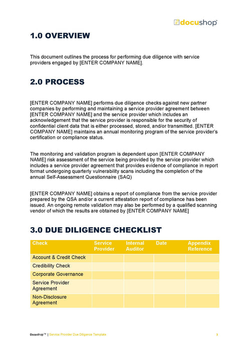 Service Provider Due Diligence Template Service Provider Due Diligence Template