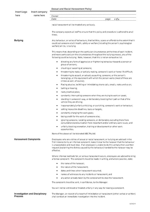 Sexual and Racial Harassment Policy Sexual and Racial Harassment Policy