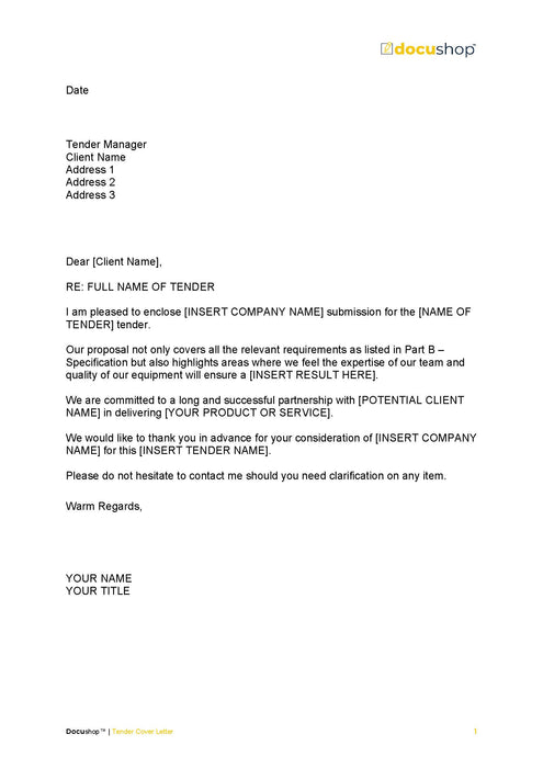 Tender Cover Letter Tender Cover Letter