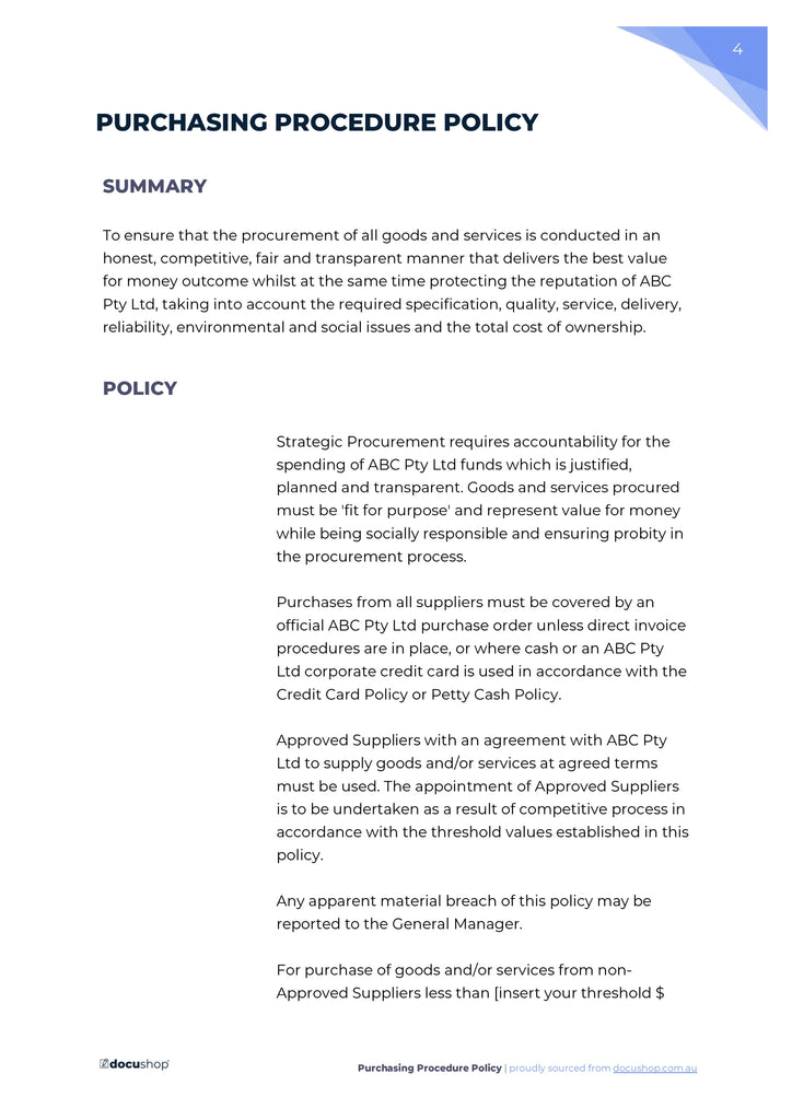 Purchase Policy Example Business Purchasing Policy Template – docushop