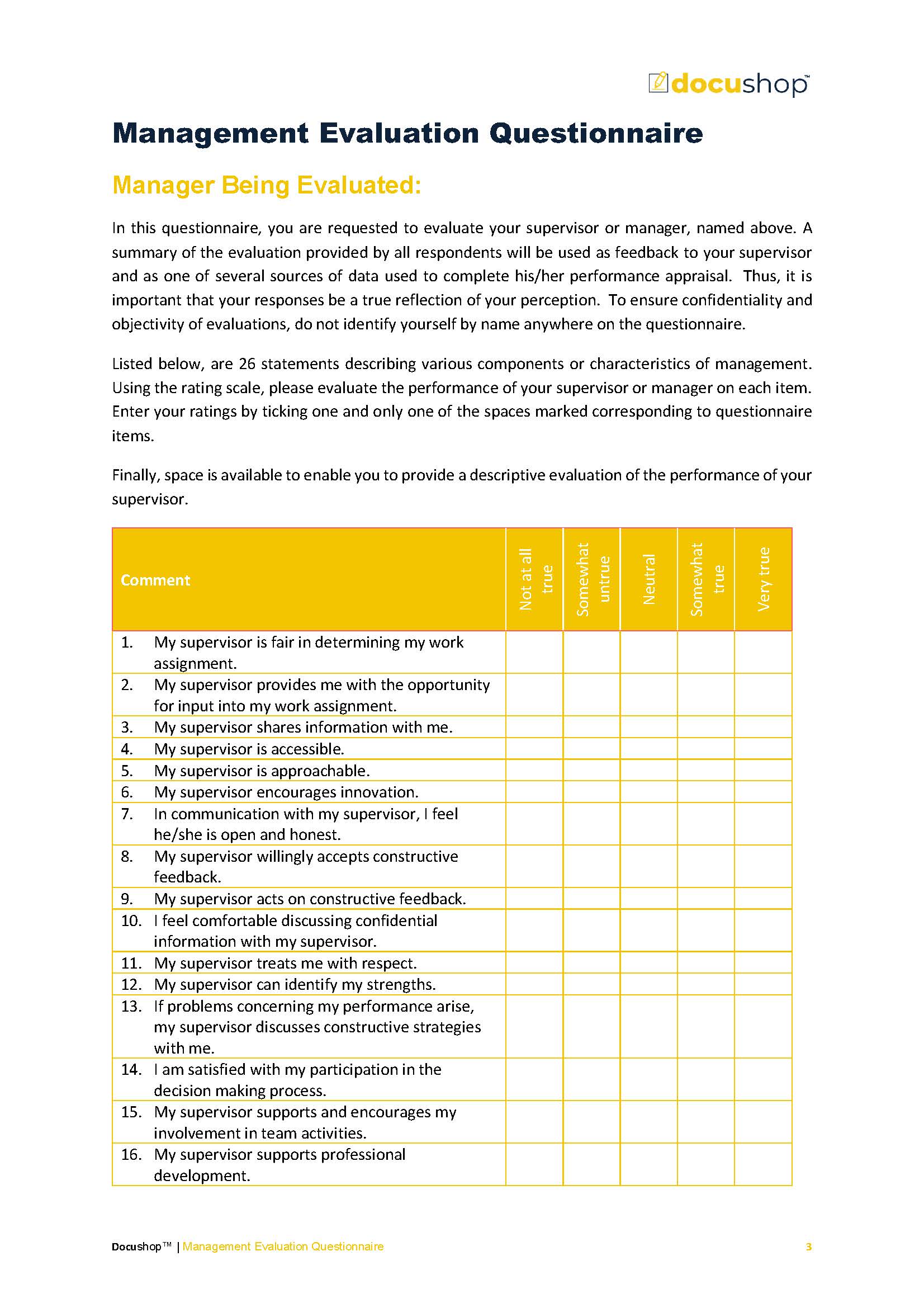 Management Evaluation Questionnaire Template - Editable Word Document ...
