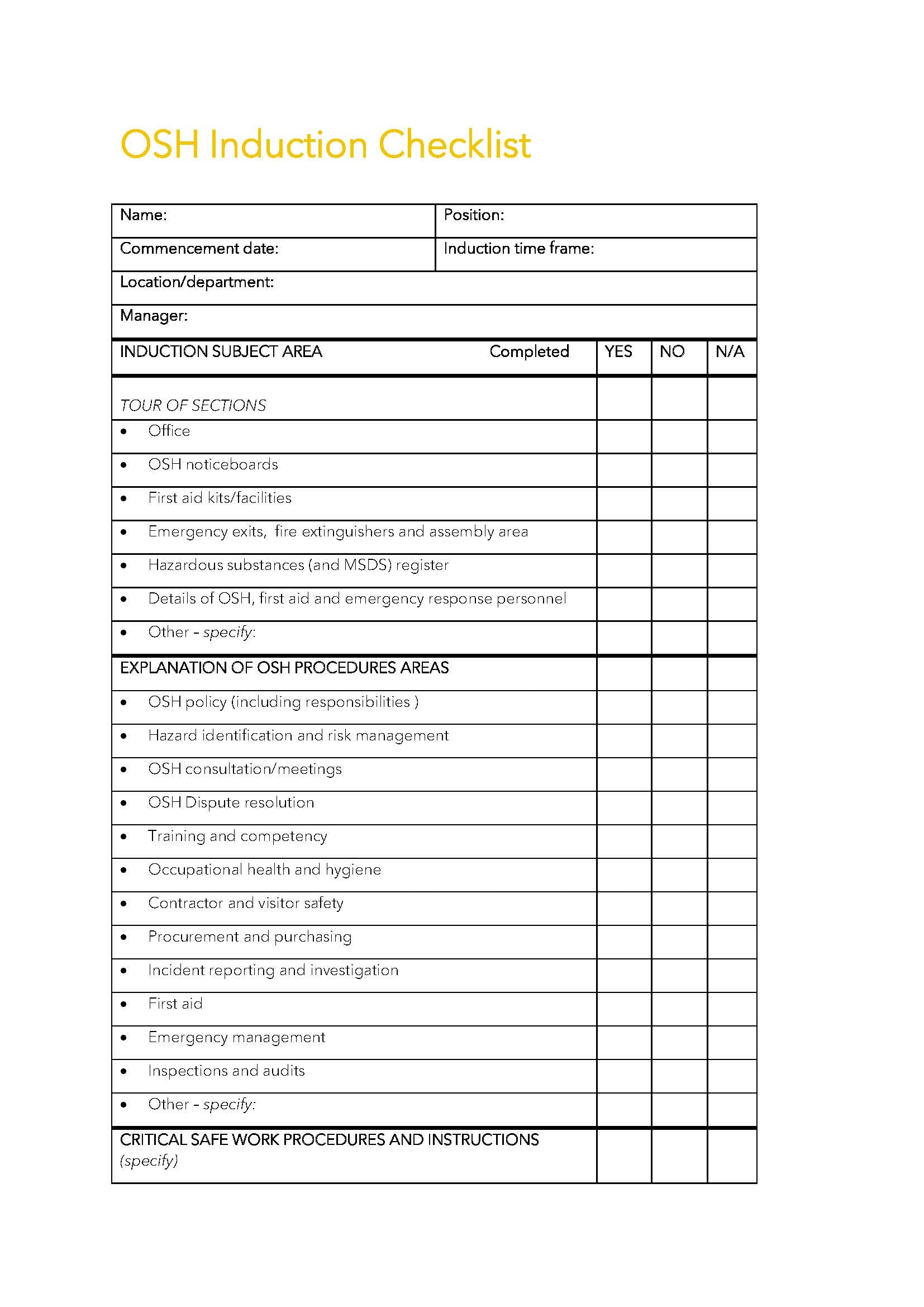 Induction Checklist Examples Employee Induction Format