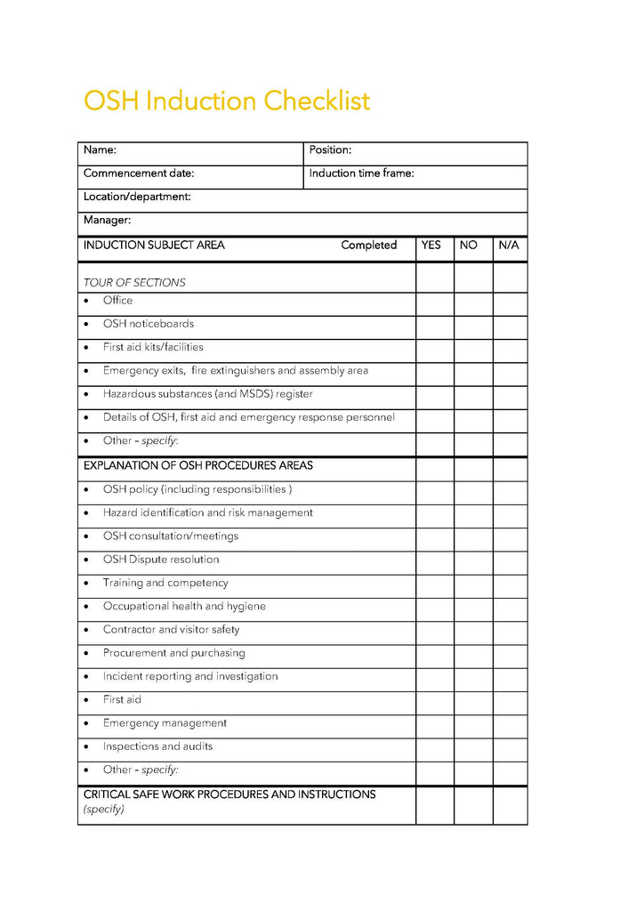 OSH Induction Checklist Template