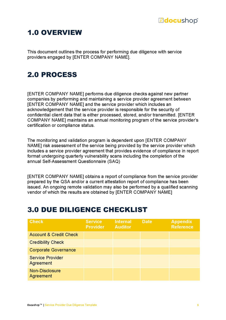 Service Provider Due Diligence Editable Template – docushop