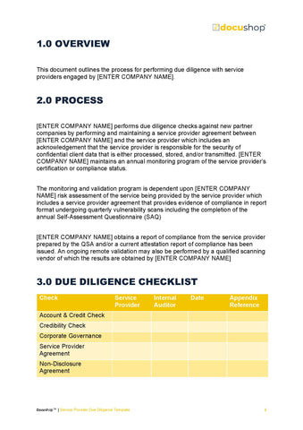Service Provider Due Diligence Template